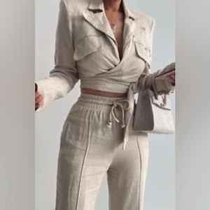 Jluxabel- Beige Myling linen wrap top/ Beige resort linen pants